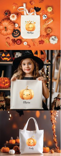 a girl in a witch costume holding up a trick bag with her name on it