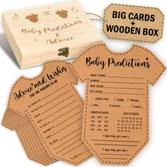 three baby products are shown in front of a wooden box and two tags with words on them