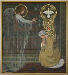 the painting depicts an angel and a woman kneeling down in front of a golden cross