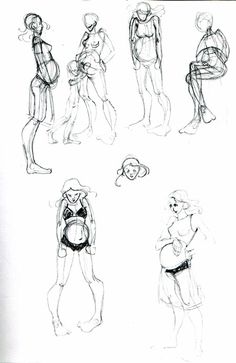 some sketches of people in different poses and body shapes, one is holding a baby