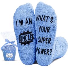 two blue slippers that say i'm an what's your super power?