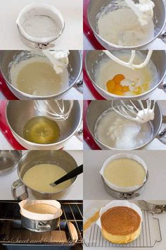 there are many pictures of making cake in the same pans and mixing them together