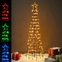 a christmas tree made out of lights and presents in the snow next to each other