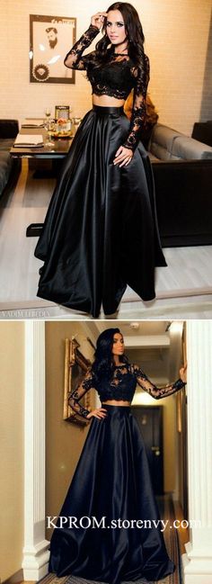 Two Piece A-Line Bateau Long Sleeves Black Floor Length Prom/Evening Dress With Lace,Vintage A Line Satin Party Gowns on Storenvy Prom Dress For Teens, Long Black Evening Dress, Black Lace Prom Dress, Prom Dress Black, Prom Dresses 2018, Prom Dresses 2017, Prom Long, Floor Length Prom Dresses, Lace Prom Dress