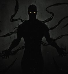 a man standing in the dark with his arms stretched out and glowing eyes on him