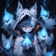 an anime character holding a blue lantern in front of some white and black cats on a dark background