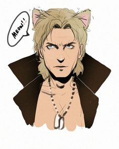 a drawing of a man with blonde hair and a cat's head on his chest