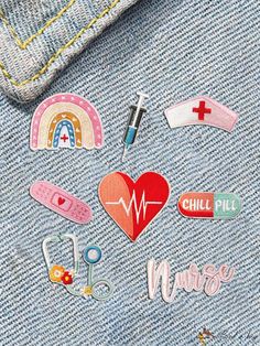 various medical stickers are placed on the back of a blue jean jacket with a red heart