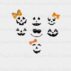 halloween faces with pumpkins, bats and butterflies on white background - digital clipart