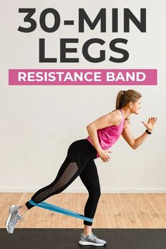 a woman is doing an exercise on a resistance band with the words 30 - min legs