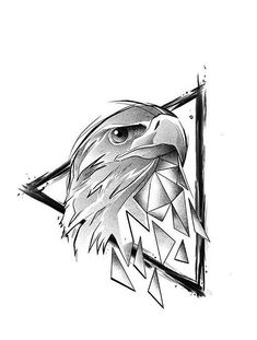 an eagle head is shown in this black and white drawing, with triangles around it