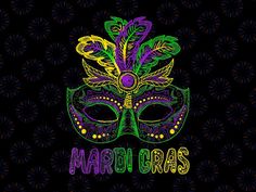 a mardi gras mask with feathers on it's head and the words mardi gras