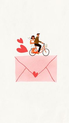 a man and woman riding a bicycle on top of an envelope with hearts coming out of it