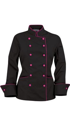 Women's Traditional Chef Coats - Contrast Piping - Fabric Covered Buttons - 100% Cotton $29.99 http://www.chefuniforms.com/chef-coats/womens-chef-coats/womens-piping-chef-coats.asp?frmcolor=hpbla Chef Jackets, Chef Clothes, Chef Wear, Chef Uniform, Female Chef