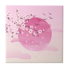 a pink painting with white flowers and birds in the sky above it is an image of cherry blossoms