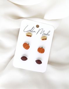 Lilla Made Mini Fall Stud Pack showcasing Pie studs, Pumpkin studs, & Football studs. Widest part of studs are 0.5 inch. Hypoallergenic and Nickel Free Pumpkin Pie Stud Earrings, Football Studs, Blog Marketing, Pie, Football, American Football