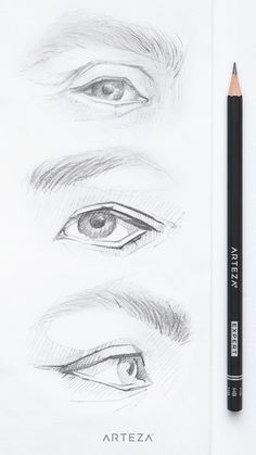 three different types of eyes are shown in this pencil drawing technique, and the third one is