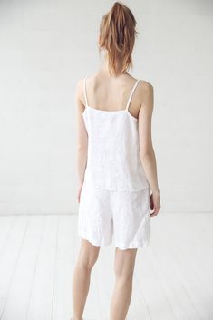 "DETAILS: * Natural 100% linen pajama set for women * Linen shorts and tank top for your comfortable sleep * Great gift for women, bride, girlfriend. * Made from soft wash medium weight (185 g) 100 % European linen fabric * Height of the model is 177 cm (5' 8\") and she is wearing size XS/S * Color - white. Please choose another color and size on the right * Product number: NIGHT02 CARE LABEL * machine wash gentle (40 C/104 F) * dry gentle on low heat * wrinkles give the character so there is no Summer Cotton Camisole For Pajama Party, Short Camisole For Summer Loungewear, Short Summer Camisole For Loungewear, Summer Short Sleepwear For Relaxation, Short Summer Sleep Tops, White Summer Camisole For Pajama Party, Relaxed Summer Sleepwear, Summer Style Pajama Shorts For Relaxation, Relaxed Pajama Shorts For Summer Relaxation