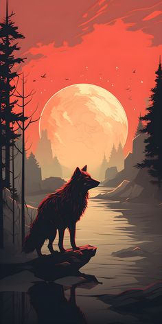 a wolf standing on top of a rock next to a river under a full moon