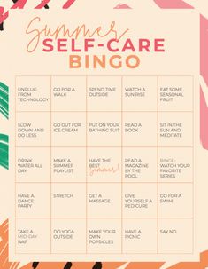 Summer self-care Bingo June Self Care Challenge, Summer Selfcare, Bingo Ideas, Challenges Ideas, Summer Bag Essentials, Summer List