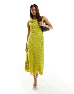 ASOS DESIGN fluffy stripe bias cut sleeveless midi dress in chartreuse | ASOS Chartreuse Wedding Guest Dress, Chartreuse Midi Dress, Chartreuse Wedding, Chartreuse Dress, Mustard Dressing, Sleeveless Midi Dress, Best Dressed, Midi Dress Sleeveless, Ruffle Dress