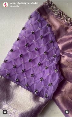 Net Blouse Designs Pattern, Netted Hands Blouse Designs, Dress Neck Designs Latest Simple, Lavender Net Blouse Design, Violet Blouse Designs For Saree, Purple Blouse With Zari Work, Lavender Colour Aari Work Blouse, Net Sleeves Designs For Blouse, Violet Colour Blouse Work Designs