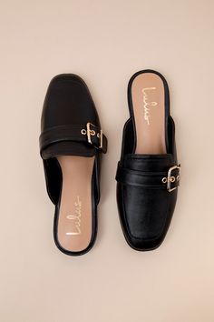 Upgrade your everyday flats with a chic new option like the Lulus Marquete Black Buckle Mule Slides! These too-cute mules have a smooth, faux leather construction that shapes an almond toe upper with a gold buckle strap and matching grommets. Classic notched collar leads to a slide-on design for effortless styling. 0. 75" rubber heel. Cushioned insole. Rubber sole has nonskid markings. Man made materials. Imported. Lulus | Marquete Black Buckle Mule Slides | Size 10. Mule Slides, Everyday Flats, Notched Collar, Rubber Heels, Mule, Rubber Sole, Slides, Almond, Faux Leather