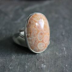 This is a huge fossilized coral cabochon set in a fine and sterling silver bezel setting with a split band.  Size 8 Hippy 70s, Fossil Ring, Plain Silver Rings, Fossilized Coral, Coral Ring, Jewellery Inspiration, Fossil Coral, Coral Jewelry, Main Character