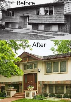 before and after photos of a house in the 1950's and now on display