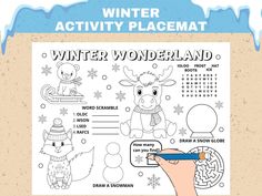 the winter wonderland coloring page is shown with an animal and snowflakes on it