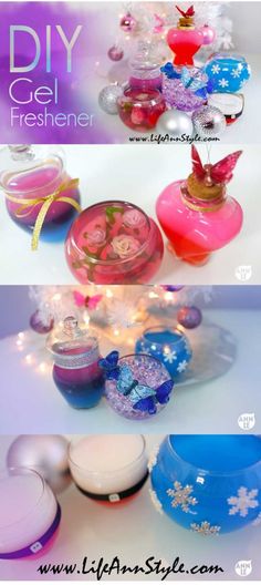 three different pictures of glass containers with flowers and butterflies on them, one is pink and the other is blue