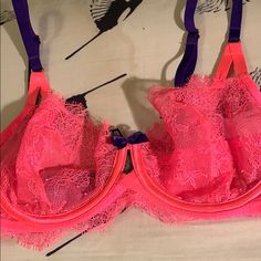 From The Very Sexy Line... Unlined Demi In A Hot Pink With Royal Purple Bow And Straps!!! Hot Color Combo!!! Pink Underwire Bra For Night Out, Victoria's Secret Purple Bra For Party, Victoria's Secret Purple Party Bra, Purple Underwire Bra For Party, Purple Underwire Bra For Night Out, Purple Bow, 32d Bra, Vs Bras, Purple Bows