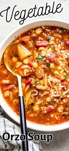 a bowl of vegetable orzo soup with a spoon in it and the title overlay reads, vegetable orzo soup