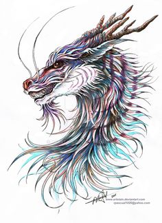 a drawing of a dragon's head with long, colorful feathers on its tail