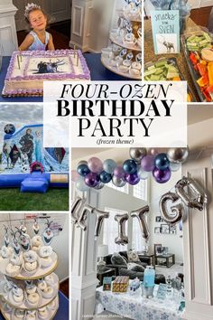 four - open birthday party with balloons, cake and decorations for children's birthday