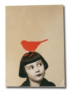 a woman with a red bird on top of her head, in an old photo