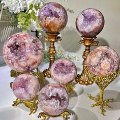 This listing is for one Amethyst Sphere. ----------Details info: Material: Pink Amethyst Size:   A- 68mm,  363g B- 68mm,  399g C- 118mm,  1965g D- 98mm,  1250g E- 86mm,  850g F- 78mm,  576g Useful Infomation Amethyst can create a peaceful environment and promote personal insight. It can also help channel psychic awareness and increase your visualization skills and intelligence. An amethyst geode sphere is a beautiful natural formation consisting of amethyst crystals encrusted inside a hollow, spherical rock cavity. Amethyst is a purple-colored variety of quartz, known for its stunning violet hues. Geodes are formed when mineral-rich fluids fill cavities in rocks over long periods, resulting in the gradual growth of crystals within. The spherical shape of an amethyst geode sphere adds to it Amethyst Sphere, Crystal Holder, Crystal Garden, Love Fest, Stylish Nails Designs, Amethyst Geode, Crystal Decor, Great Tattoos, Pink Amethyst