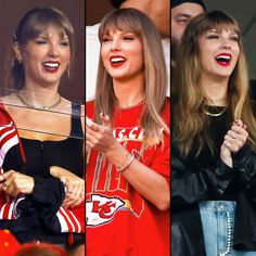 four different pictures of taylor swift, taylor davidson and taylor's fans in the stands