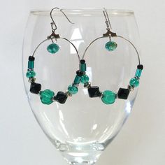 Teal & Black Beaded Hoop #Earrings by #9ElizabethStreet on #Etsy Green Hoop Beaded Earrings, Green Hoop Beaded Earrings With Ear Wire, Green Beaded Hoop Earrings With Ear Wire, Green Hoop Beaded Earrings With Dangling Beads, Green Hoop Earrings With Dangling Beads, Green Hoop Earrings For Party With Ear Wire, Modern Handmade Green Hoop Earrings, Black Hoop Earrings, Hoop Earrings Large