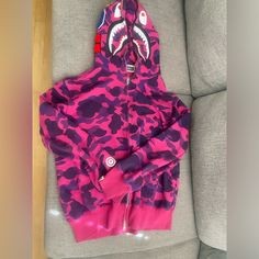 The Size Is A Large, But It Fits Like A Medium Bape Pink, Bape Shark Hoodie, Bape Shark, Shark Hoodie, Pink And Purple, Full Zip Hoodie, Zip Hoodie, Pink Purple, Hoodies Men