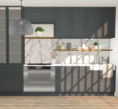 a kitchen with gray cabinets and marble counter tops