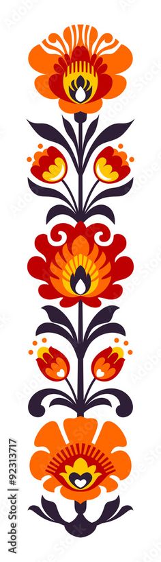 an orange and red flower with black leaves on the bottom, in front of a white background