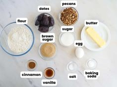 an image of ingredients for baking on the counter top with words in english and spanish