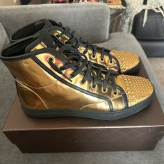 Gucci Patent Leather High Top Sneakers Gold Leather & Rubber Trim Leather & Studded Accents Round-Toes Lace-Up Closure At Uppers Fit: Sneakers By Gucci Typically Fit True To Size. Shoes Gucci, Gucci Sneakers, Leather High Tops, Gucci Shoes, Gold Leather, High Top, Top Sneakers, Patent Leather, High Top Sneakers