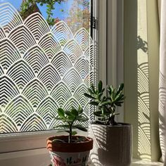 two potted plants sitting on a window sill