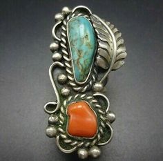 (eBay) Classic 1960s Vintage Sterling Silver CORAL and TURQUOISE RING size 7.25 Vintage Native American Jewelry, Navajo Jewelry, Vintage Navajo, Vintage Turquoise, Classic Ring, Multi Stone Ring, American Jewelry, Native American Jewelry, 1960s Vintage