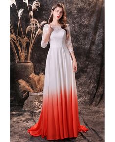 Buy modest ombre white and orange long formal dress with fitted lace sleeves at wholesale price online. High quality custom-made service pro since 2009. Train Prom Dresses, Sweep Train Prom Dress, Long Sleeve Bridesmaid Dress, Ombre Prom Dresses, Lace Wedding Dress With Sleeves, Ombre Lace, Long Formal Dress, Prom Dresses With Pockets, Lace Prom Dress