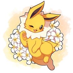 a cartoon pikachu sitting on top of flowers with its arms in the air