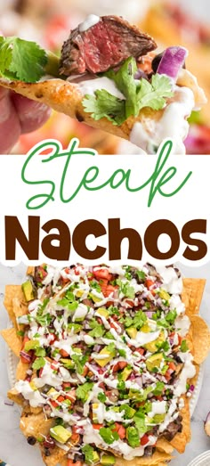 steak nachos on a white plate with the title overlay that reads steak nachos