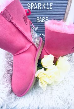 Personalized Pink Rhinestone Boots - Eluxe Creations Ugg Rose, Bling Boots, Rhinestone Boots, Mini Baileys, Boot Bling, Bailey Bow Uggs, Custom Bling, Bow Boots, Bailey Bow